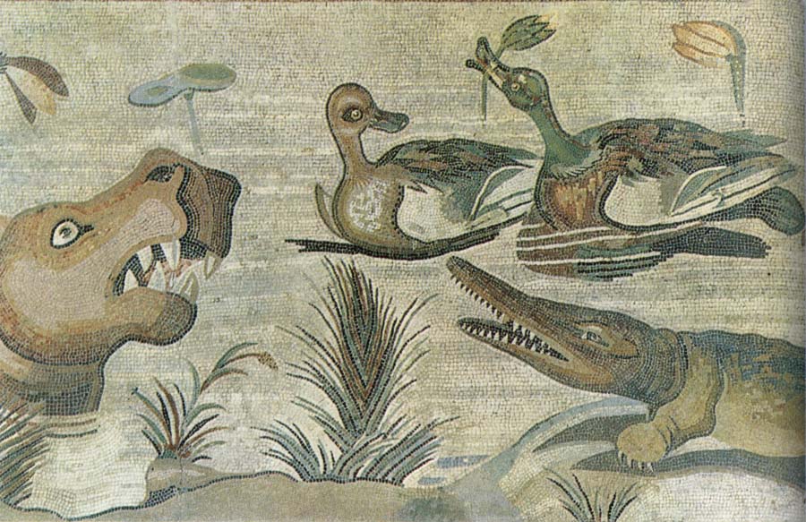 Nilotic mosaic with hippopotamus,crocodile and ducks